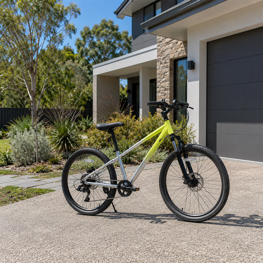 VOLTUS 24 Inch Youth Mountain Bike with 7-Speed Gears, Disc Brakes, Suspension Fork and Aluminium Frame - Green Silver