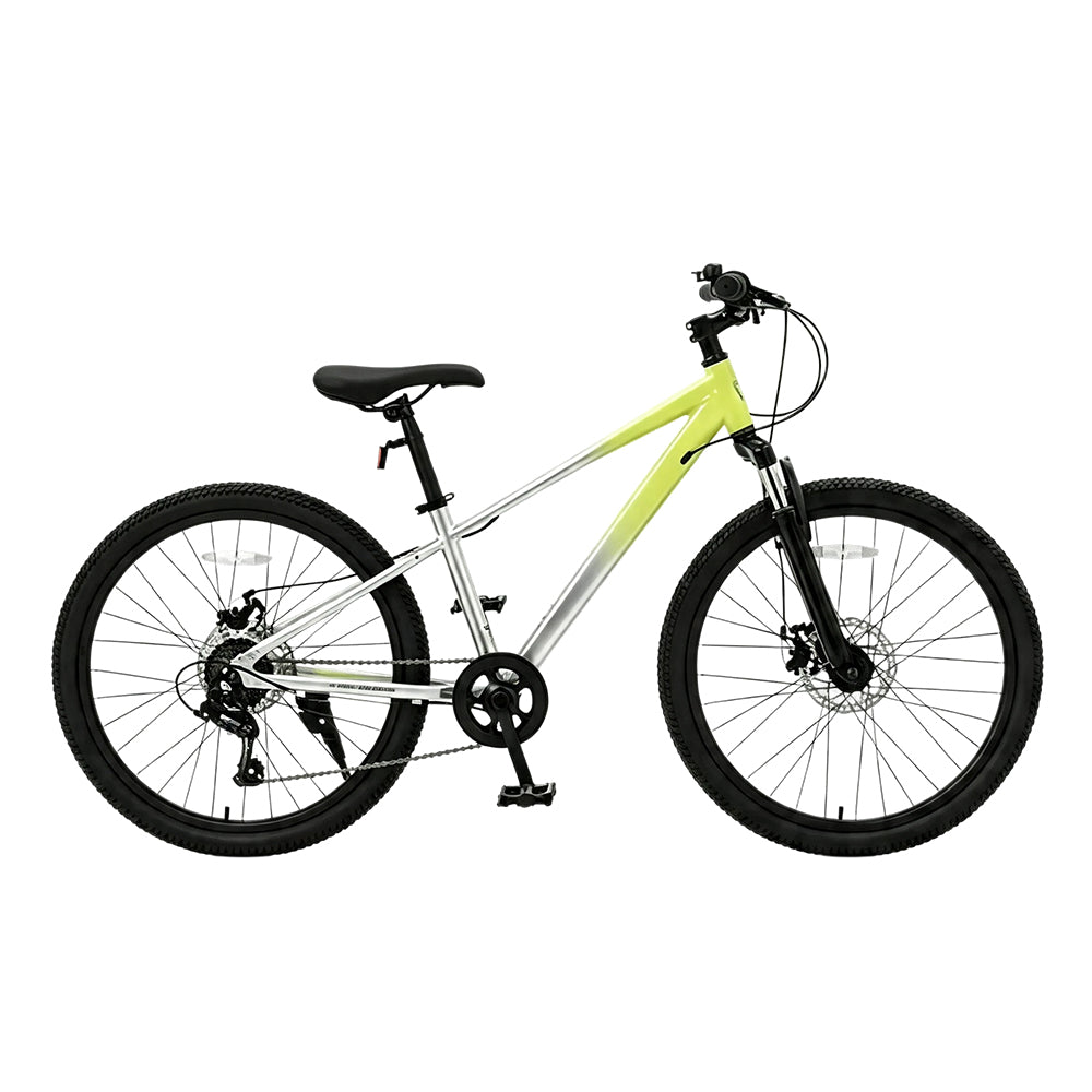 VOLTUS 24 Inch Youth Mountain Bike with 7-Speed Gears, Disc Brakes, Suspension Fork and Aluminium Frame - Green Silver