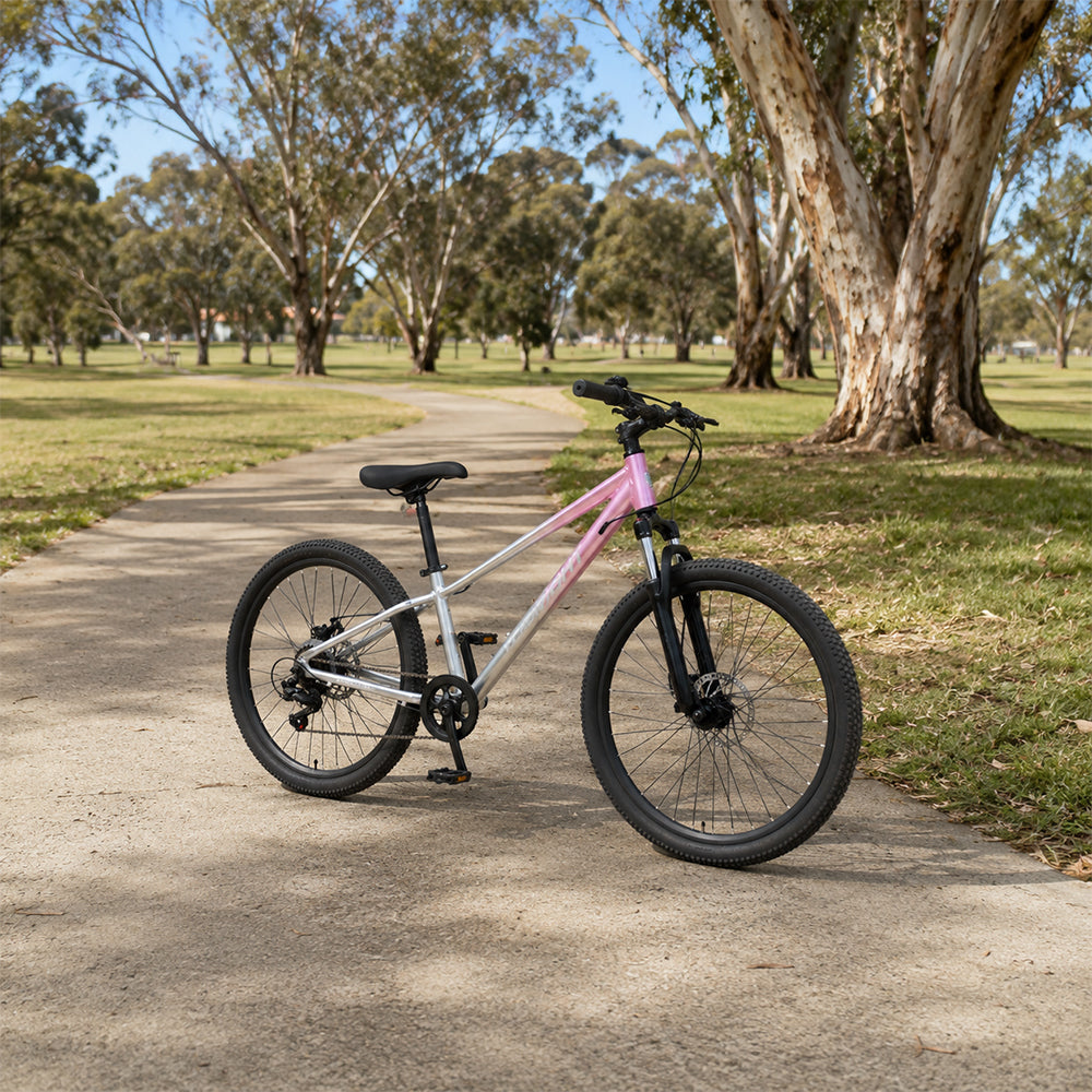 VOLTUS 24 Inch Youth Mountain Bike with 7-Speed Gears, Disc Brakes, Suspension Fork and Aluminium Frame - Pink Silver