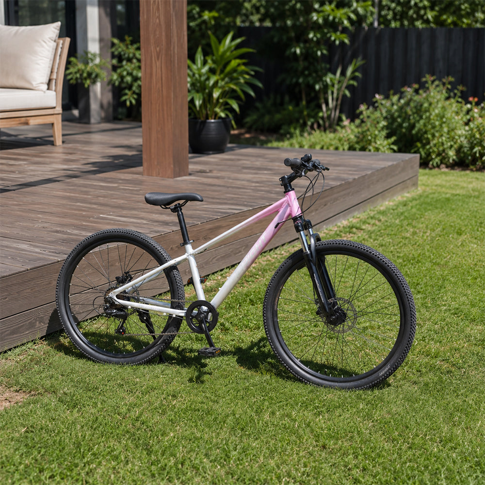 VOLTUS 24 Inch Youth Mountain Bike with 7-Speed Gears, Disc Brakes, Suspension Fork and Aluminium Frame - Pink Silver
