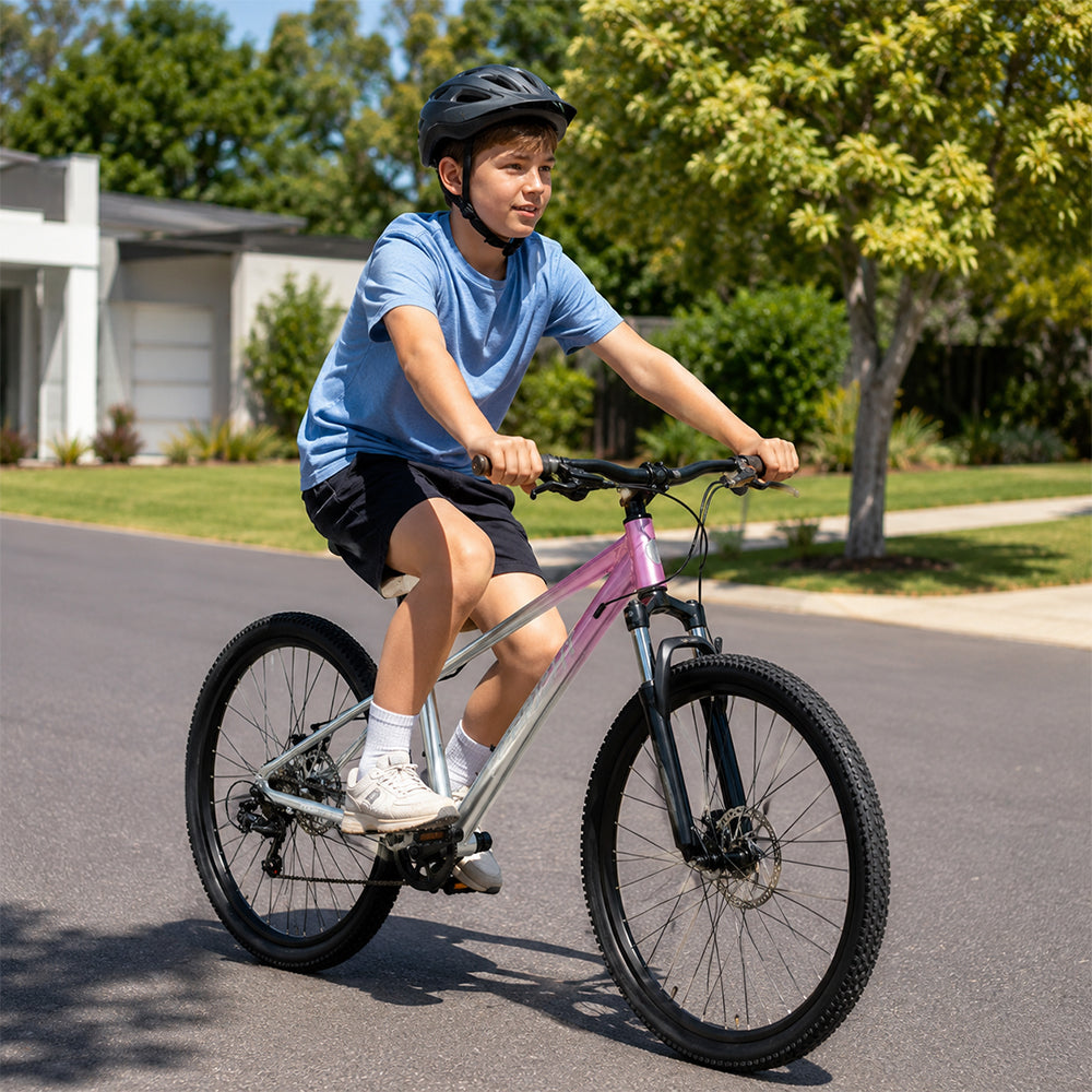 VOLTUS 24 Inch Youth Mountain Bike with 7-Speed Gears, Disc Brakes, Suspension Fork and Aluminium Frame - Pink Silver