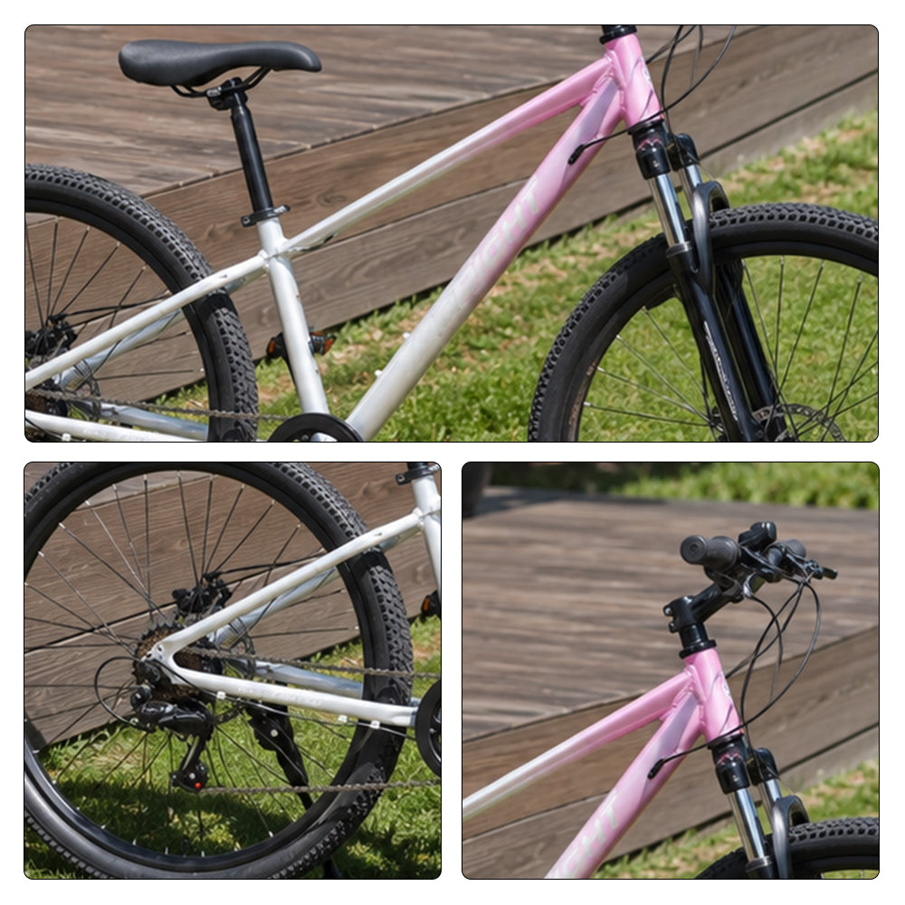 VOLTUS 24 Inch Youth Mountain Bike with 7-Speed Gears, Disc Brakes, Suspension Fork and Aluminium Frame - Pink Silver