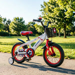 VOLTUS 18-Inch Kids Bike with Superhero Design, Dual Brakes & Training Wheels for Beginner Outdoor Riding - White