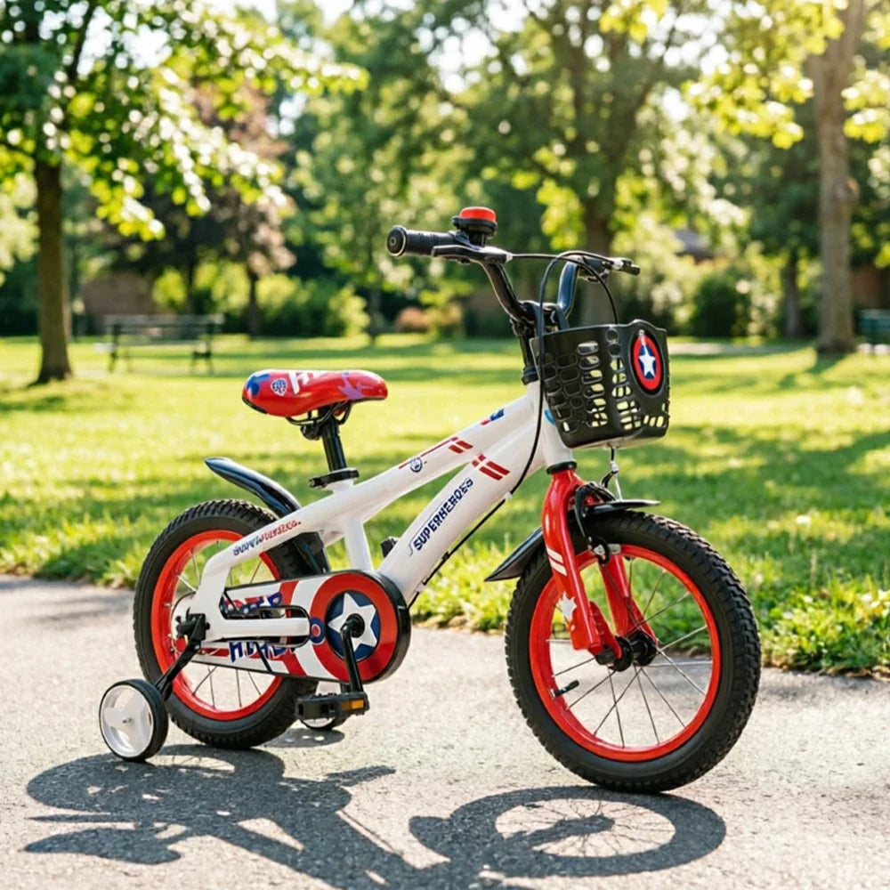 VOLTUS 18-Inch Kids Bike with Superhero Design, Dual Brakes & Training Wheels for Beginner Outdoor Riding - White