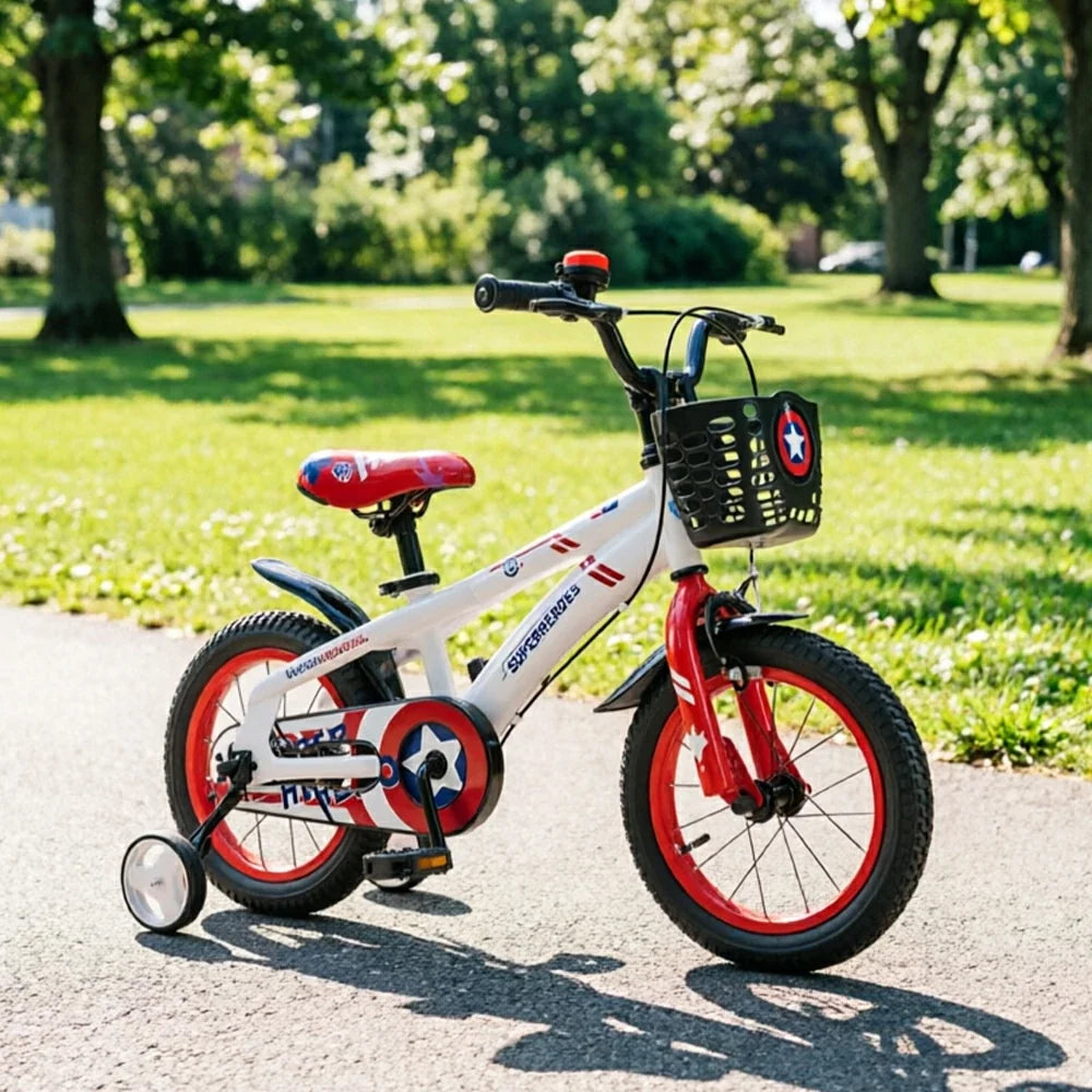 VOLTUS 18-Inch Kids Bike with Superhero Design, Dual Brakes & Training Wheels for Beginner Outdoor Riding - White