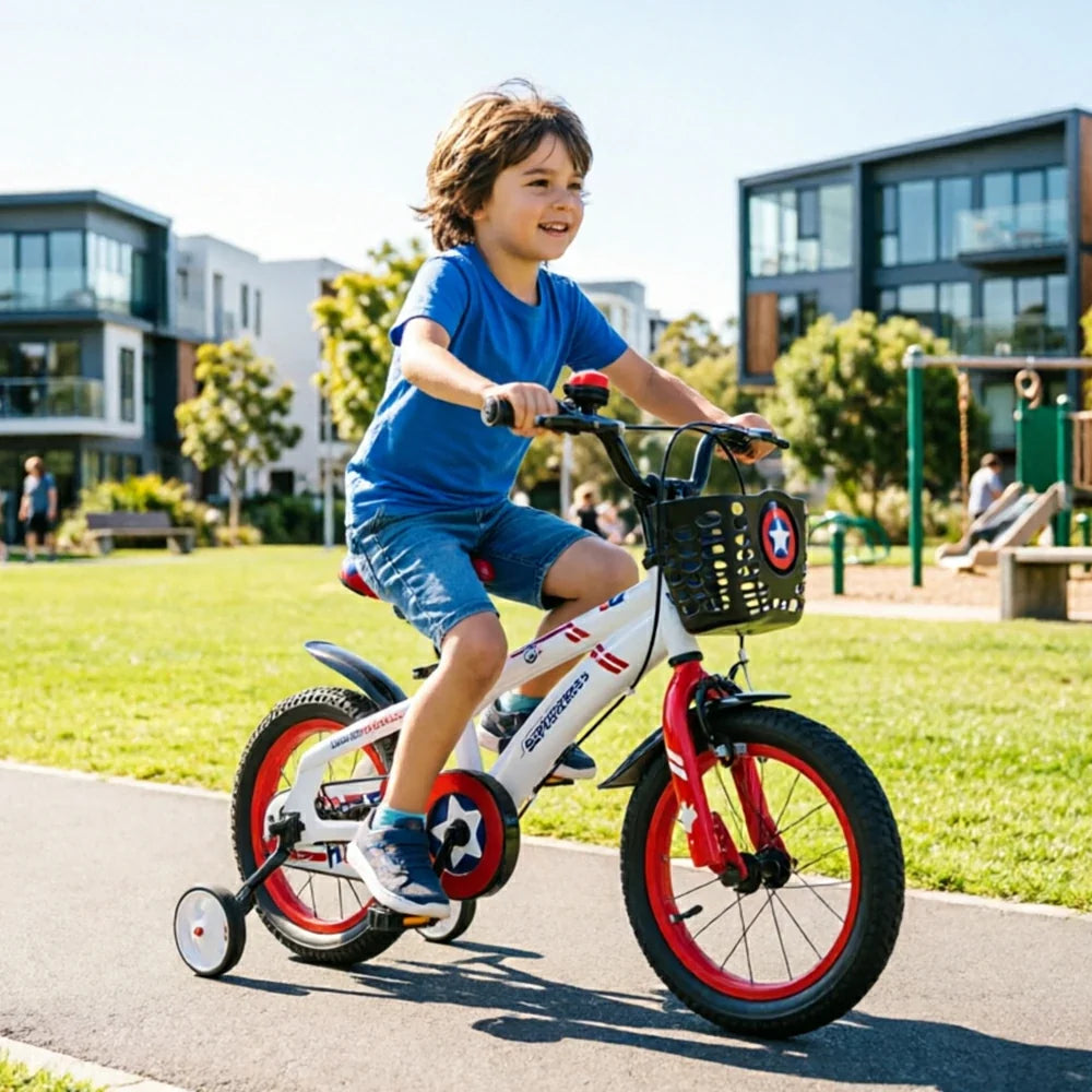 VOLTUS 18-Inch Kids Bike with Superhero Design, Dual Brakes & Training Wheels for Beginner Outdoor Riding - White