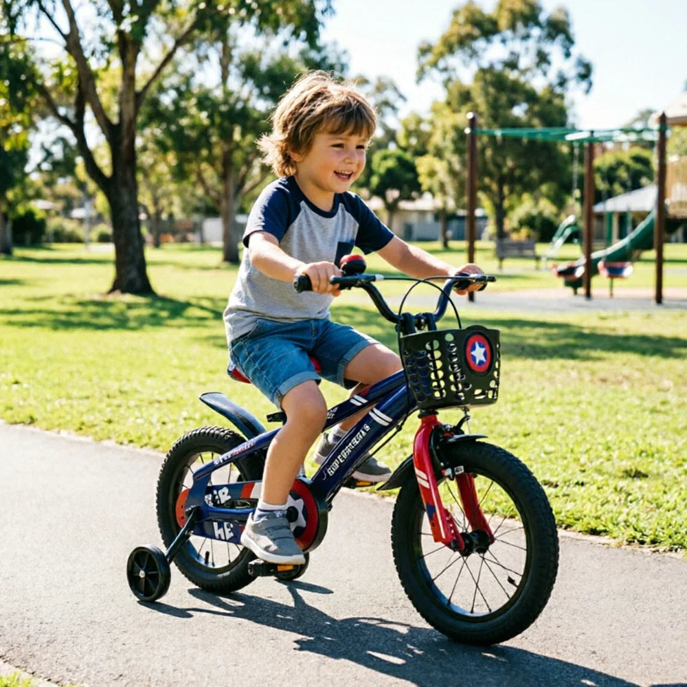VOLTUS 20-Inch Kids Bike with Superhero Design, Dual Brakes & Training Wheels for Beginner Outdoor Riding - Blue