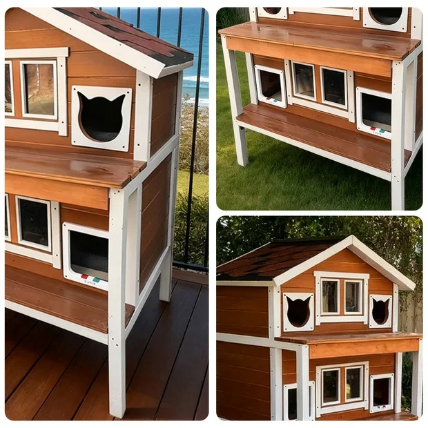 PAWORA Outdoor Resistant Roof, Waterproof Scratch Wooden - Cat Finish Weatherproof Frame, All - Fir House for Seasons, Shelter Sturdy Wood